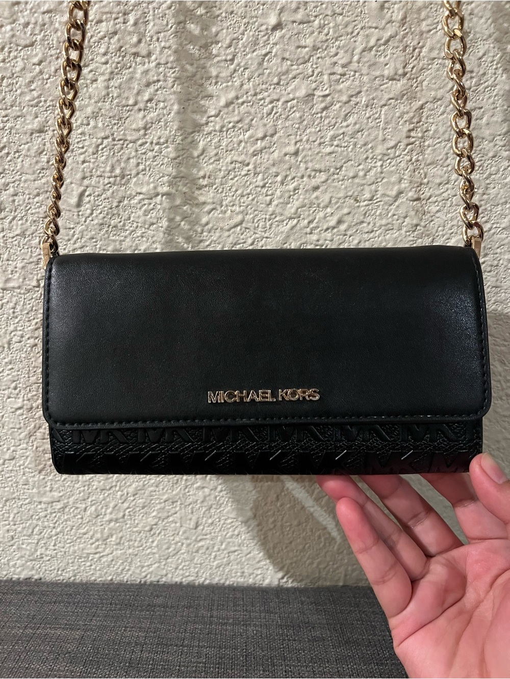 Michael Kors Black Leather Crossbody Wallet with Gold Chain
